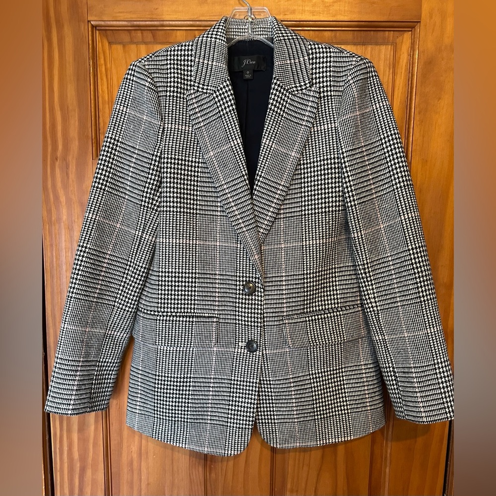 J. Crew Boyfriend Blazer Jacket Womens 0 Wool Blend Plaid Houndstooth Nello Gori